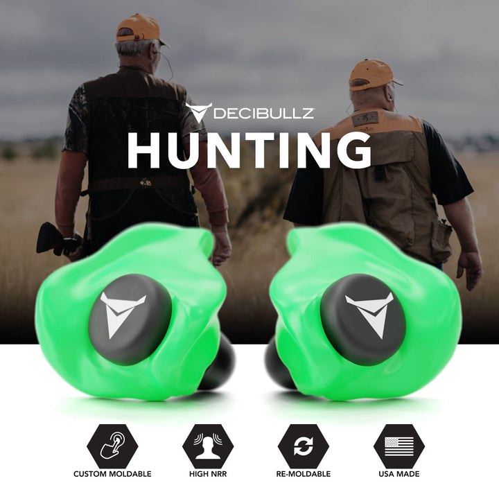 Decibullz - Custom Molded Earplugs, 31dB Highest NRR, Comfortable Hearing Protection for Shooting, Travel, Swimming, Work and Concerts (Green)
