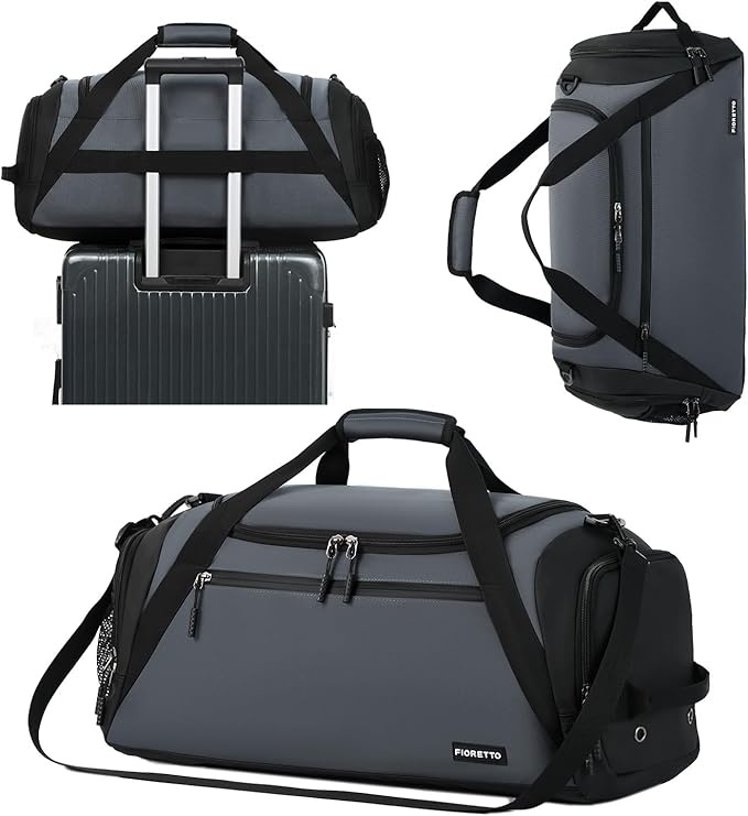 FIORETTO 43L Mens Sports Gym Bag with Wet Pocket & Shoe Compartment, Travel Duffle Bag Overnight Bag with Padded Shoulder Strap, Holdall for Swimming, Basketball, Football Grey