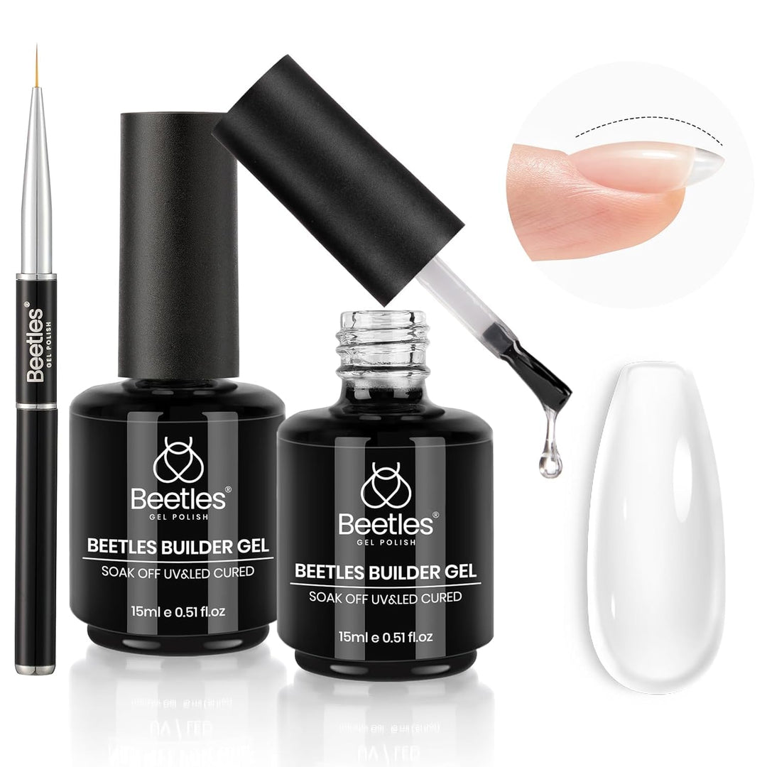 Beetles Builder Gel 2Pcs Clear Builder Gel For Nails 7 In 1 15Ml Nail Thickening Set With Liner Brush Extension Nail Gel For Nai