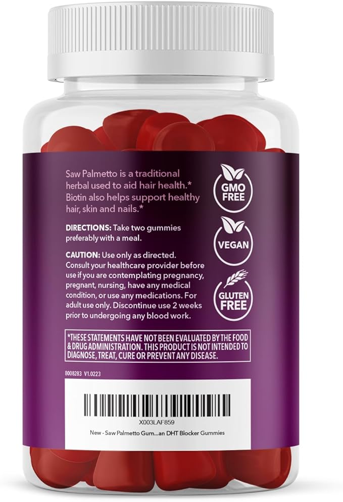 Saw Palmetto for Women with 2500mcg Biotin - DHT Blocker and Hair, Skin, Nail Health Gummies - 60 Count - Supports Stronger and Fuller Looking Locks and Radiant Skin - Vegan, Non-GMO, 1 Month Supply