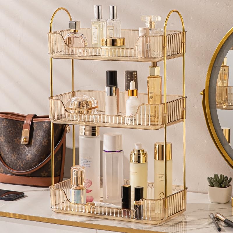 Bathroom Organiser Countertop, Vanity Trays for Bathroom, Skincare Makeup Organiser Shelf, Vanity Organiser, Bathroom Counter Shelf for Cosmetics, Toiletries, Lotions, Perfumes (3 Tiers, Amber)