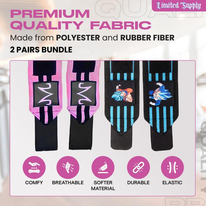 CROWN Anime Wrist Wraps 2 Pairs Bundle - 24" Lifting Straps for Men and Women - Gym Accessories Support Weightlifting, Powerlifting, Strength Training, Workout (Duo F)
