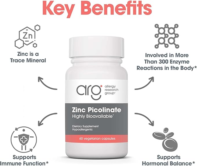 Allergy Research Group Zinc Picolinate Supplement - Supports Normal Health Immune Response, Highly Bioavailable, Well-Absorbed, Hypoallergenic, Vegetarian Capsules - 60 Count