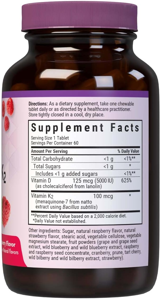 Bluebonnet Nutrition Vitamin D3 & K2 EarthSweet Chewable Tablets, for Immune, Mood & Heart Health*, Soy-Free, Gluten-Free, Non-GMO, Kosher Dairy, 60 Raspberry Flavor Chewable Tablets, 60 Servings