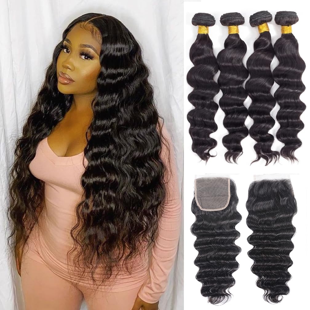 Loose Deep Wave Bundles With Closure(18 20 22 24 +16,Free Part)100% Unprocessed Virgin Remy Loose Deep Wave Human Hair Weave Bun