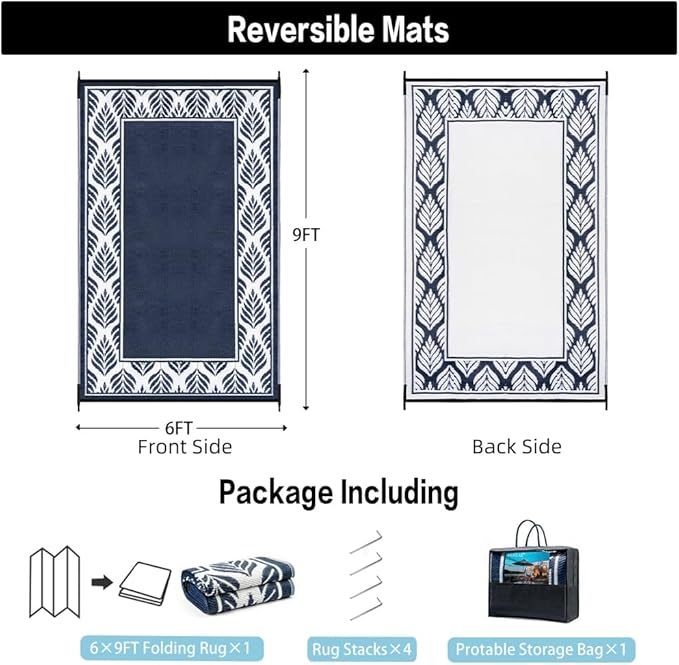 Outdoor Plastic Straw Rug, Waterproof Mat, Washable Large Floor Mat and Rug for Outdoors, RV, Beach, Patio, Camping, Backyard, Deck, Picnic, Outside (6x9ft,Olive-Leaf/Dark Blue&White)