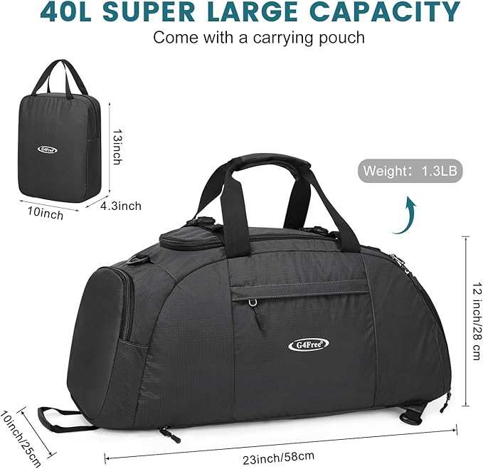 G4Free 40L 3-Way Duffle Bag Backpack Gym Bag for Men Women Sports Duffel Bag with Shoe Compartment Travel Backpack Luggage