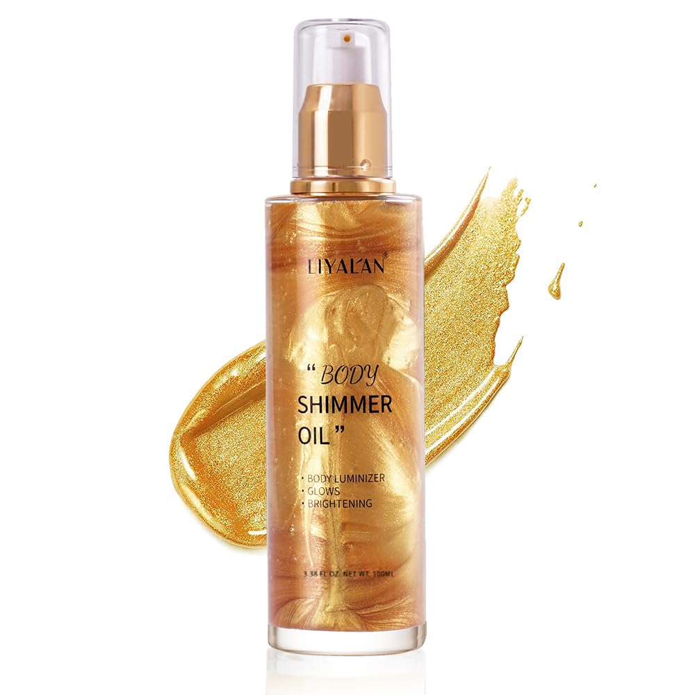 Liyalan Shimmer Body Oil 5 Color Bronze 3.38 Fl Oz Face Glow Pearl Highlighter Illuminator Body Makeup Shine Glitter Gold Liquid Taning