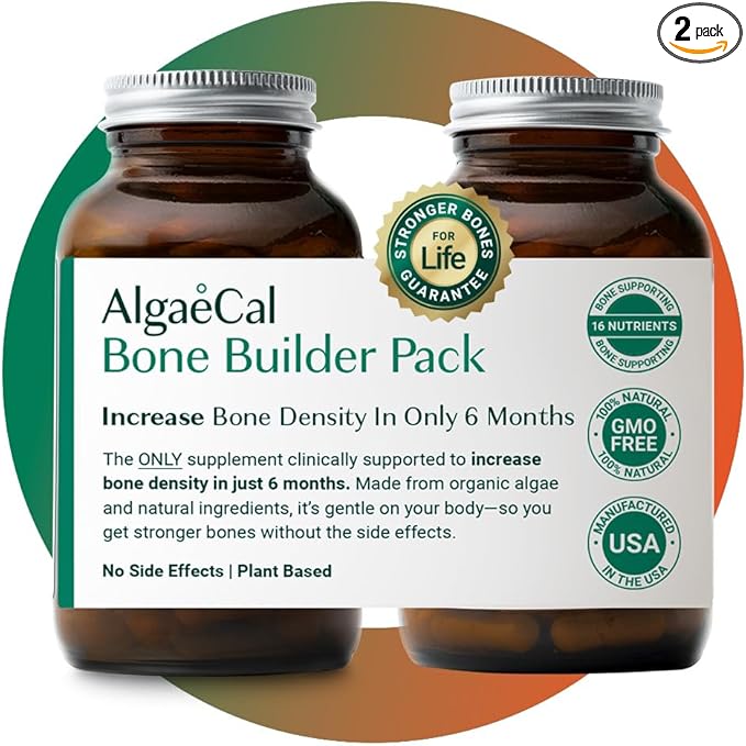 AlgaeCal - Bone Builder Pack for Bone Density Increase, Clinically Supported Plant Based Calcium Supplement & Strontium, Vitamins K2 (100mg), D3 (1600 IU), Magnesium & 16 Essential nutrients