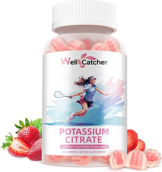 Potassium Gummies Supplement Men Women - High Potassium Citrate Gummies Sugar Free for Adults Kids Support Leg Cramps Electrolyte Balance Vegan Non-GMO Organic Strawberry Flavor 60 Counts