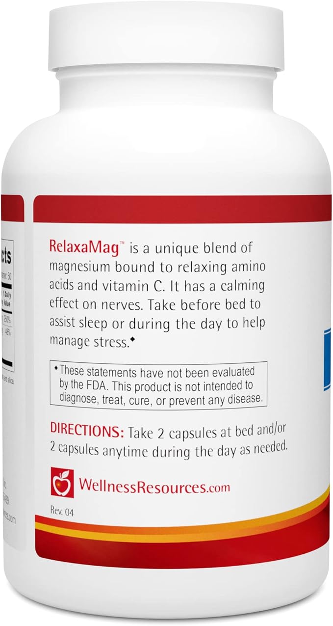 Wellness Resources RelaxaMag - High Absorption Magnesium Glycinate for Sleep, Stress, and Relaxation - High Potency Elemental Magnesium Per Capsule (100 Capsules)