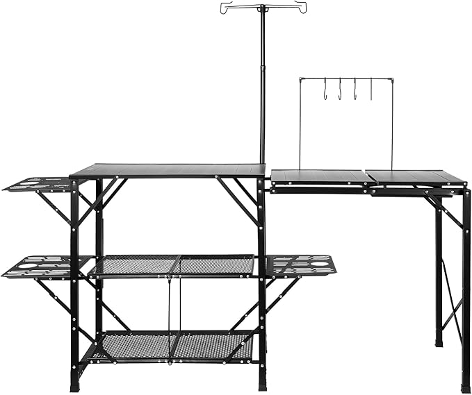 VEVOR Camping Kitchen Table with Sink, Aluminum Folding Portable Outdoor Cook Station, 2 Shelves & Carrying Bag for Picnic BBQ Beach Traveling