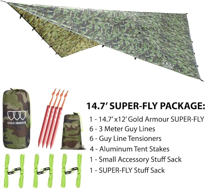 Gold Armour Rainfly Tarp Hammock, Premium 14.7ft/12ft/10ft/8ft Rain Fly Cover, Waterproof Ultralight Camping Shelter Canopy, Survival Equipment Gear Camping Tent Accessories (Camouflage 14.7ft x 12ft)