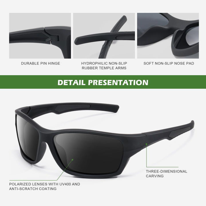Fanshen Sports Polarized Sunglasses Men - Wrap Around Mens Sunglasses for Mens Womens Cycling Running UV Protection (Bright Black/Grey)