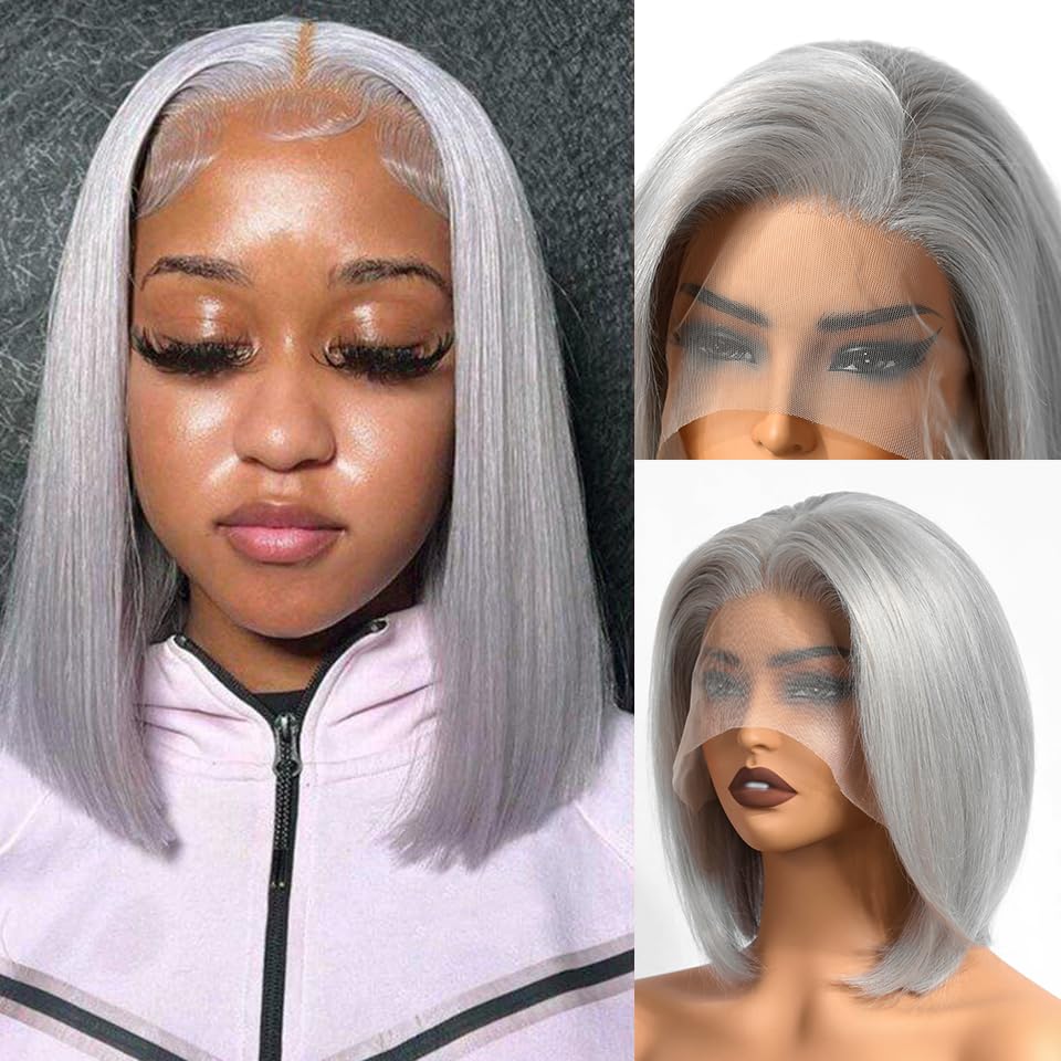 Pre Plucked Grey Blunt Cut Bob Wigs Human Hair Glueless 13X4 Hd Lace Frontal Wigs With Baby Hair Silk Straight 150% Density Grey