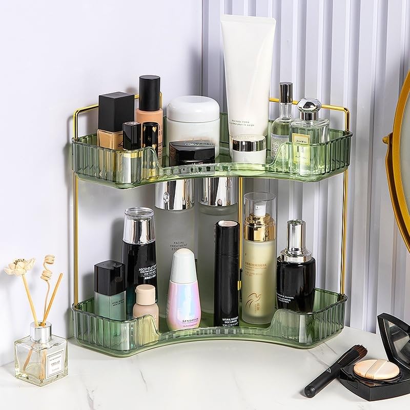 Corner Bathroom Counter Organiser, Vanity Trays for Bathroom, Skincare Makeup Organiser Shelf, Vanity Organiser, Bathroom Counter Shelf for Cosmetics, Toiletries, Lotions, Perfumes (2 Tiers, Green)