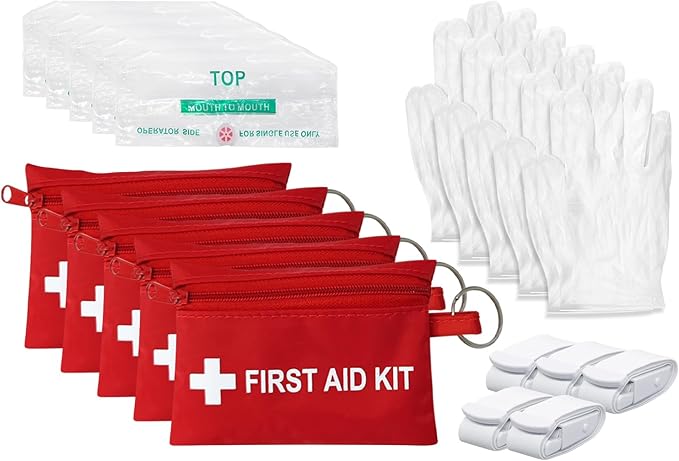 Mini First Aid Kit - CPR Pocket Mask Keychain CPR Face Shield with Breathing Barrier & Elastic Belt & One Pair of Disposable Gloves for Travel Home Camping - Emergency Supplies (5 Set)