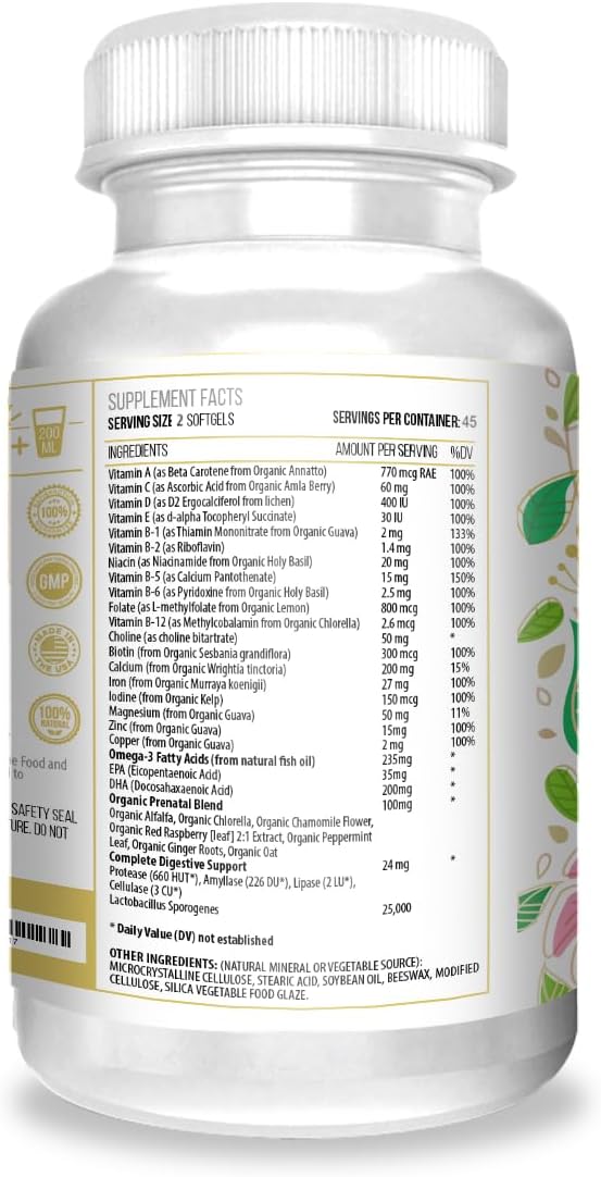 ACTIF Organic Prenatal Vitamin with 30+ Organic Vitamins, 100% Natural, DHA, EPA, Omega 3, and Organic Herbal Blend - Non-GMO, 45 Servings