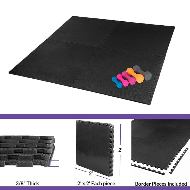 Xspec 3/8" Thick 100 sq. ft. (25 pcs) Gym EVA Foam Floor Mats (24" x 24") | T Pattern, Black