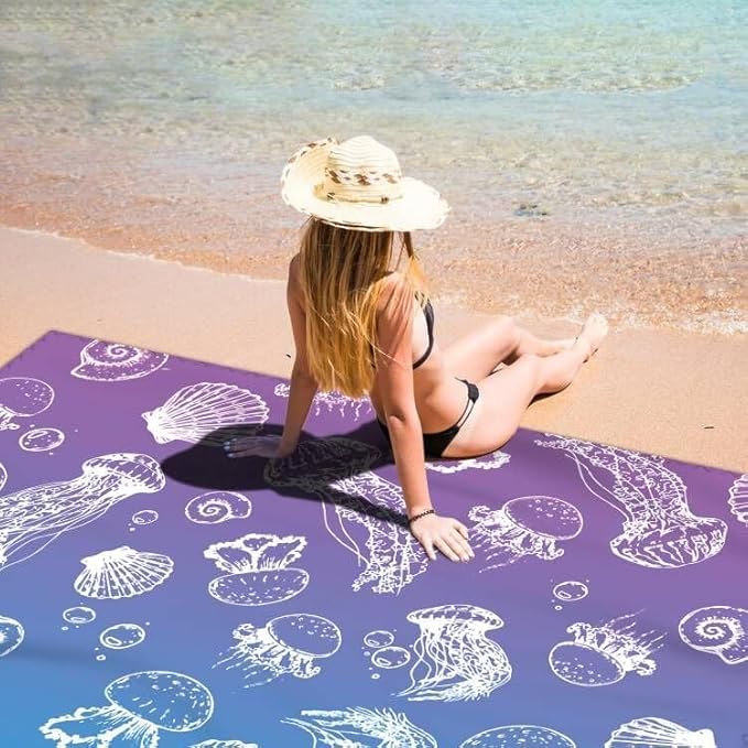 Beach Blanket Waterproof Sandproof Large Beach Mat 79" X 83" for 2-4 Adults Sand Free Mat Quick Drying,Durable with 4 Stakes & 4 Corner Pockets for Beach Travel Camping Hiking.(Purple)
