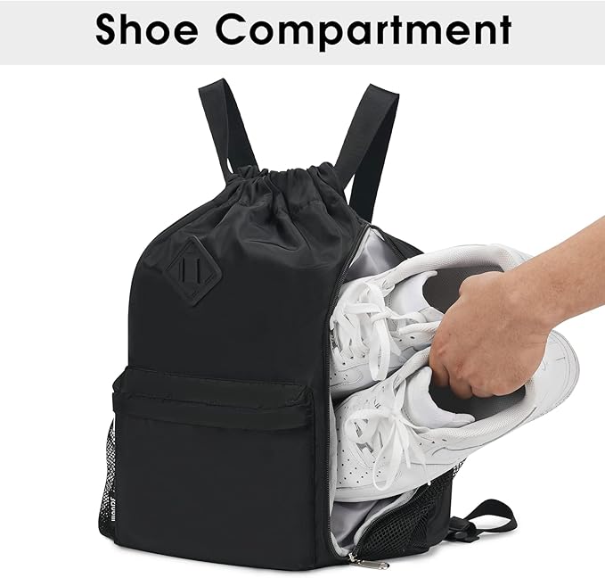 WANDF Drawstring Backpack Sports Gym Bag with Shoes Compartment, Water-Resistant String Backpack Cinch for Women Men (Large,Black)