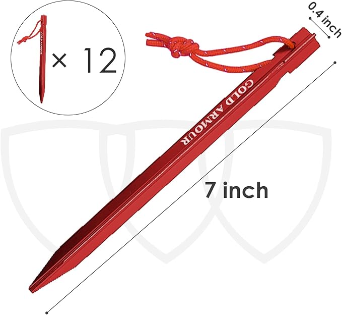 Gold Armour Tent Stakes - 12 Pack Heavy Duty, Lightweight, Camping Stakes Pegs for Outdoor Tent and Tarp, Essential Camping Gear Equipment Accessories (Red)
