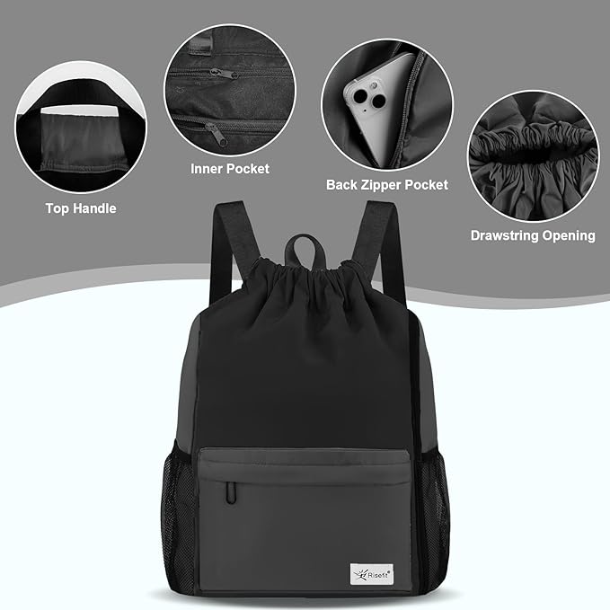 Drawstring Backpack with Mesh Pockets String Gym Bag Sackpack Sandproof Water Resistant Beach Backpack for Men Women