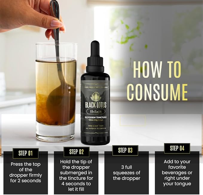 Black Lotus Pure Shilajit Resin Liquid Tincture, 100ml, 100% Pure Natural Shilajit for Men & Women with Amino Acids, 175mg Fulvic Acid, 85 Ionic Trace Minerals, for Immune Support, Focus, Energy