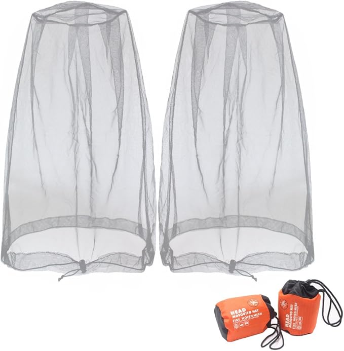 Benvo Mosquito Head Net Mesh, Face Neck Fly Netting Hood from Bugs Gnats Noseeums Screen Net for Any Outdoor Lover- with Carry Bags Fits Most Sizes of Hats Caps (2pcs, Grey, Updated Big Net)