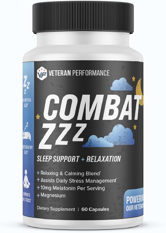 Combat ZZZ Natural Sleep + Relaxation Aids for Adults – Sleep Supplement with Melatonin L-Theanine Vitamin B6 GABA Magnesium Sleep Aid (60 Pills) (60 Count (Pack of 1))