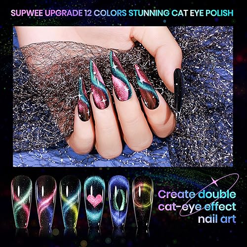 Cat Eye Gel Nail Polish Set - 12 Colors 9D Magnetic Nail Polish Gel Galaxy Cateye Nail Gel Polish with 1 Black Gel and Magnetic Lamp Cure Required Home Manicure DIY Nail Art