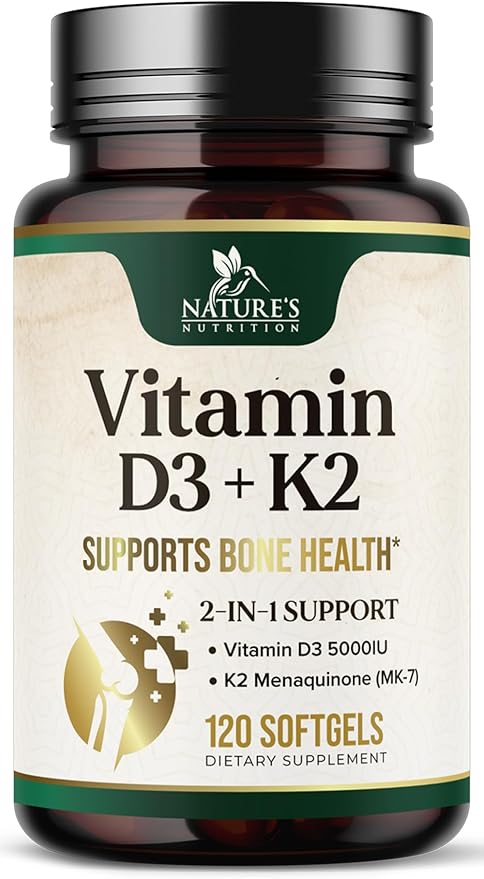 Vitamin D3 K2, 5000 IU Vitamin D3 & 100 mcg Vitamin K2 MK-7 Supplement Supports Immune Health, Bone, Heart & Calcium Absorption - Extra Virgin Olive Oil Softgel, Vitamins D & K Complex - 120 Softgels