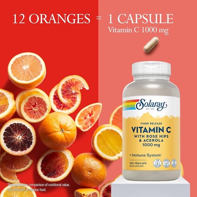 SOLARAY Vitamin C with Rose HIPS & Acerola | Two-Stage Timed-Release Formula | 1000mg | 24-Hour Immune Support & Antioxidant Supplement | 250 Ct.