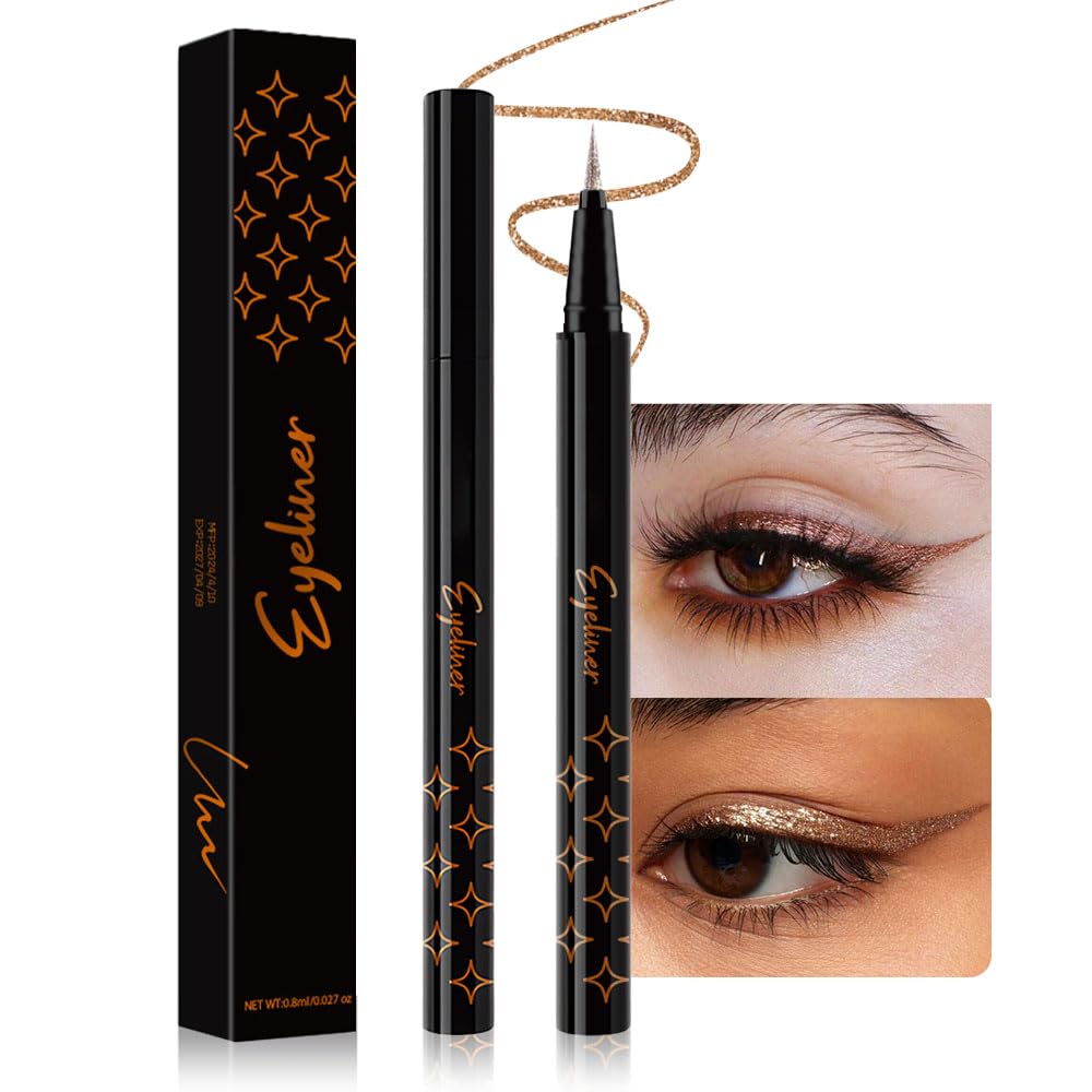 evpct 1Pcs Bronze Glitter Glittering Diamond Shimmer Liquid Eyeliner Eye Makeup Pencil Set, Sparkle Shimmer Colored Eyeliner Pen Waterproof Smudge Proof Long Lasting High Pigmented 03#