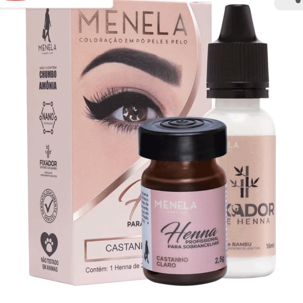 MENELA Eyebrow Henna Tint - Medium Brown Henna Brow Dye with Bamboo Extract for Enhanced, Natural-Looking Brows - 2.5g Henna Powder & 15ml Fixer - Eyebrow Tint Kit