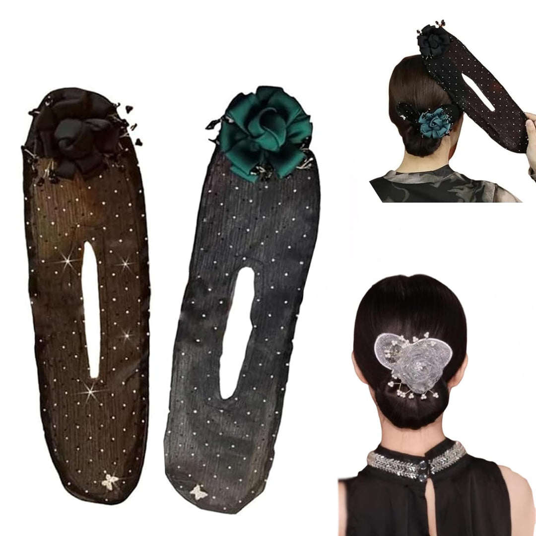 Hand Embroidered Flower Hair Bun Maker, Deft Bun Twister and Curler for Long Hair, Hair Clip Roller for Women and Girls (2pc-b1)