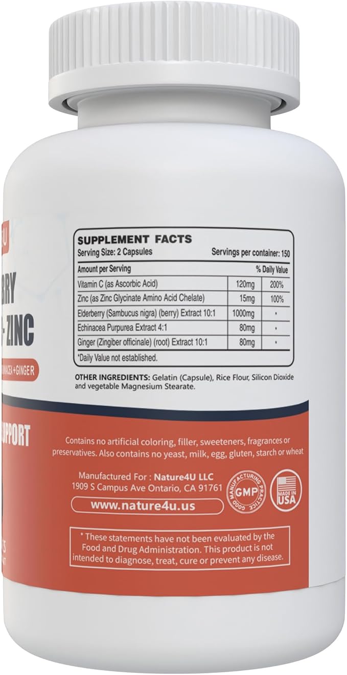 5 in 1 Elderberry Immune Support Supplement, Daily Immune Boosters for Adults Antioxidants Supplement, Elderberry 1000 mg, Vitamin C, Zinc, Echinacea, Ginger, 300 Vegan Capsules - 5 Month