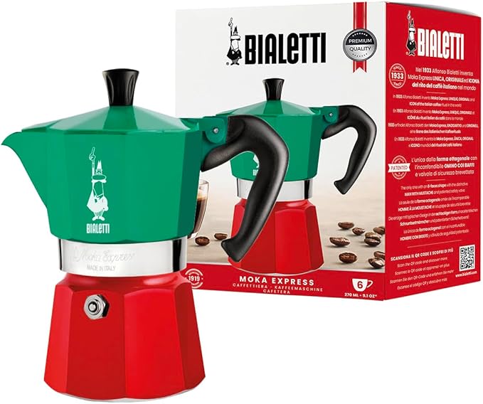 Bialetti - Moka Express Italia Collection: Iconic Stovetop Espresso Maker, Makes Real Italian Coffee, Moka Pot 6 Cups (9 Oz - 270 Ml), Aluminium, Colored in Red Green Silver