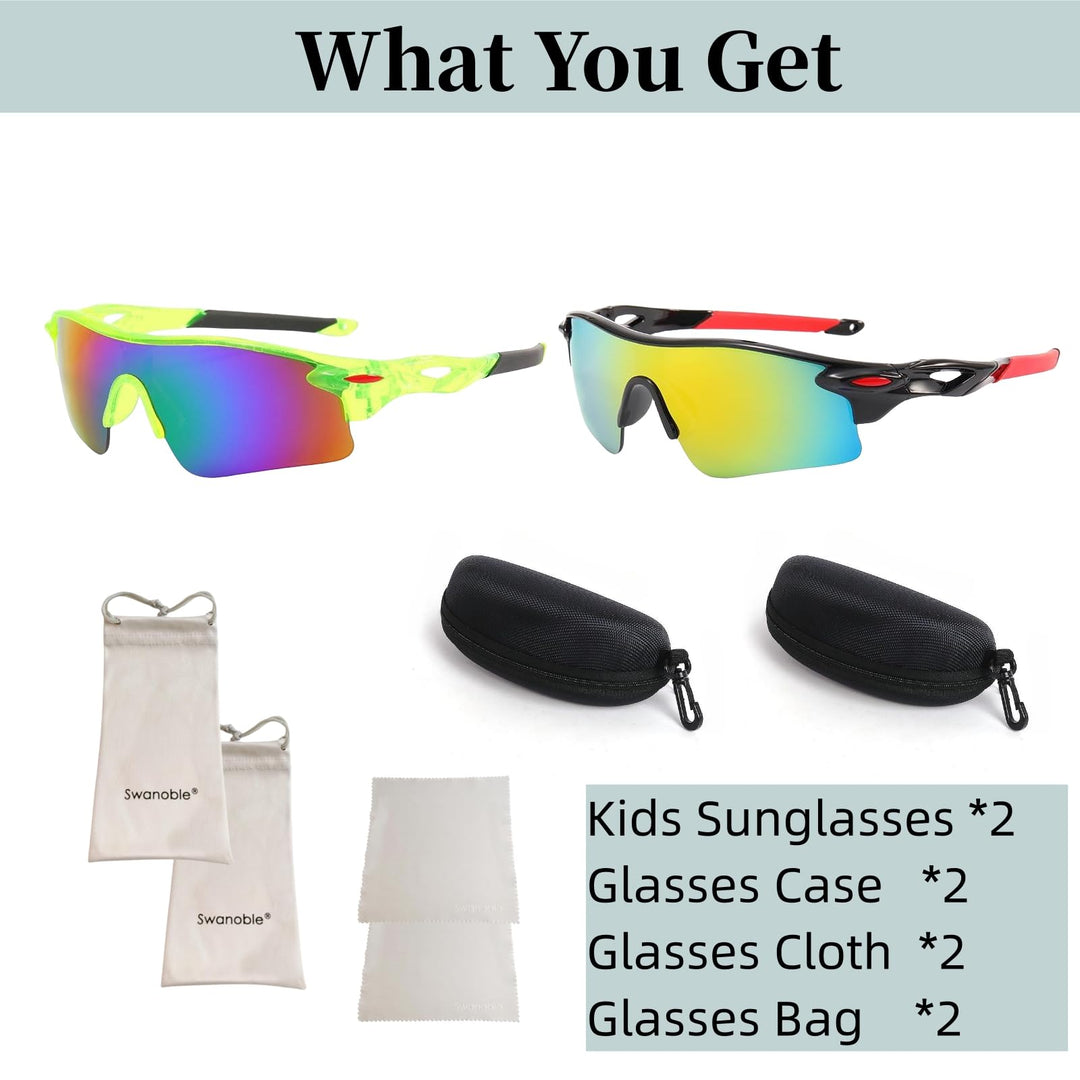 swanoble UV400 2 Sports Sunglasses for Kids Cycling,Light frame Sunglasses for Boys Girls,Youth Softball Baseball Golf (Transparent Green+black Red)