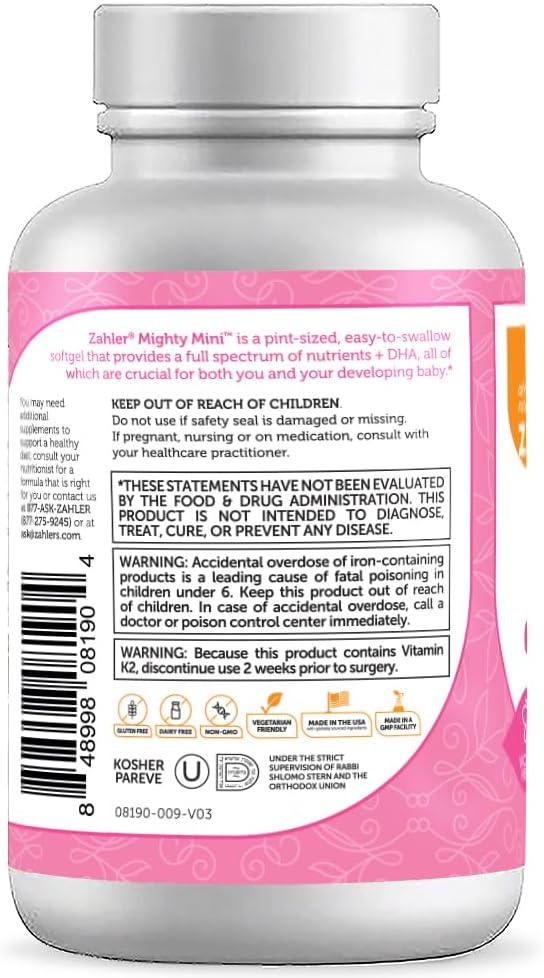 Zahler Mighty Mini Prenatal Vitamin with DHA & Folate - Certified Kosher - All Natural Prenatal Vitamins - Multivitamin for Pregnant Women - 19 Prenatal Vitamins Including Folic Acid (90 Softgels)