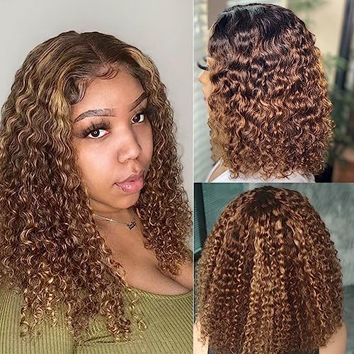 14 Inch Highlight Blonde Wear and Go Glueless Curly Bob Wig Human Hair Pre Plucked, Glueless Pre cut HD Lace Front Wigs Human Hair,Water Wave No Glue wigs, Natural Hairline for Women 200% Density