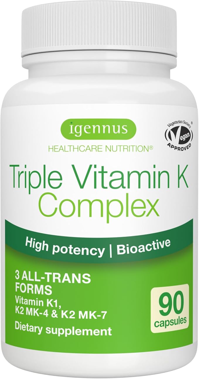 Igennus High Strength Triple Vitamin K Complex 2700 mcg, Vitamin K1 & K2 (MK-4 & MK-7), Advanced Bioactive Forms, Bone & Cardiovascular Support, Clean Label, Vegan, 90 Capsules