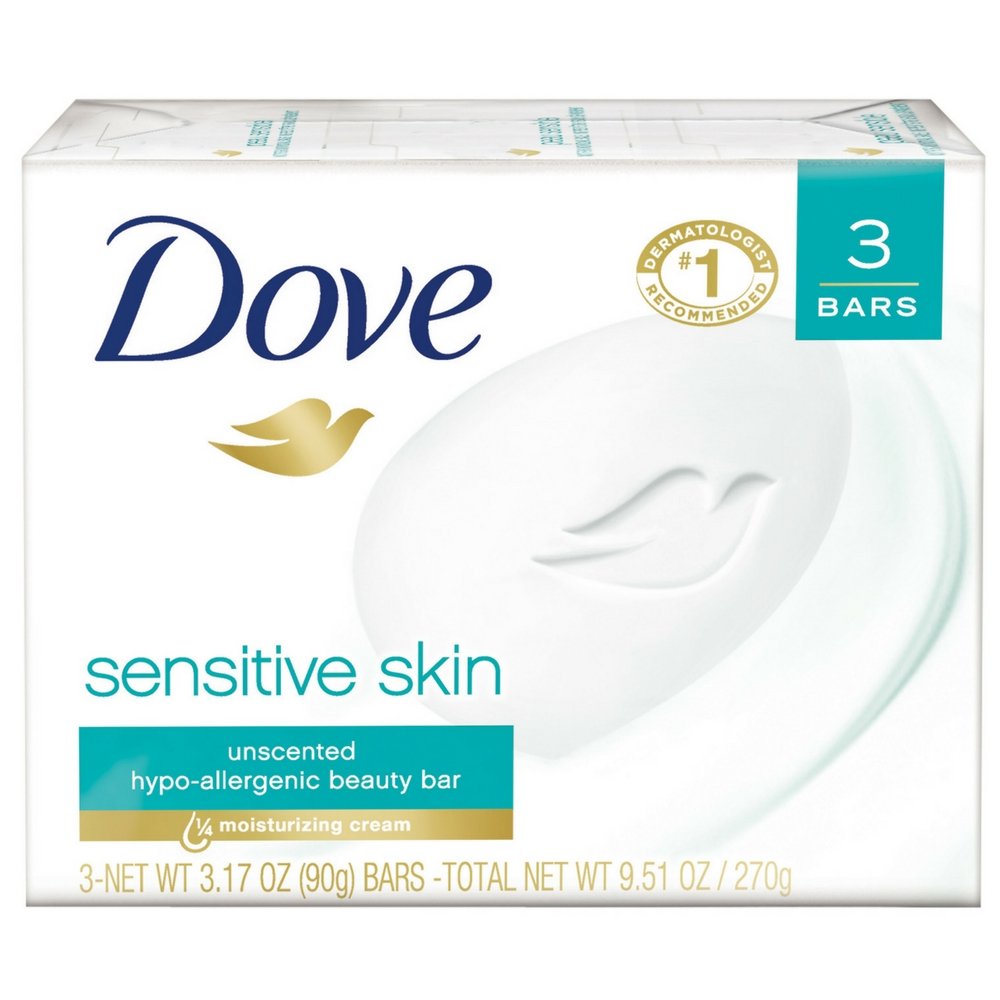 Dove Sensitive Skin Beauty Bar, Unscented, 3 Count, Pack of 1