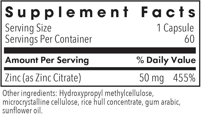 Allergy Research Group Zinc Citrate Supplement - Zinc for Men & Women, Immune Support, Pure, Well-Absorbed, Well-Tolerated, Trace Mineral, 50mg Vegetarian Capsules - 60 Count