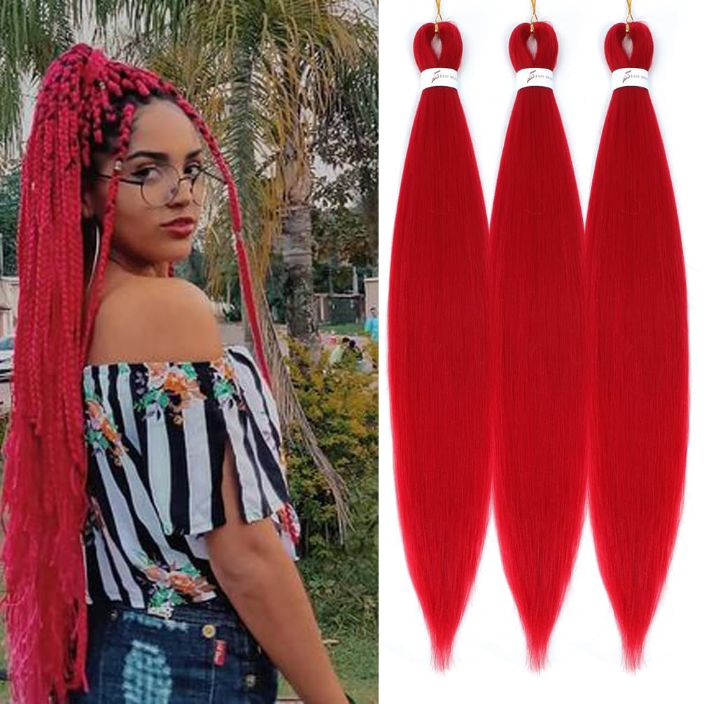 Red Braiding Hair Extensions 20 Inch Long Pre Stretched Braiding Hair 3 Packs Soft Braiding Hair, Hot Water Setting, Easy To Install Professional Synthetic Hair Extensions(20inch 3Packs))