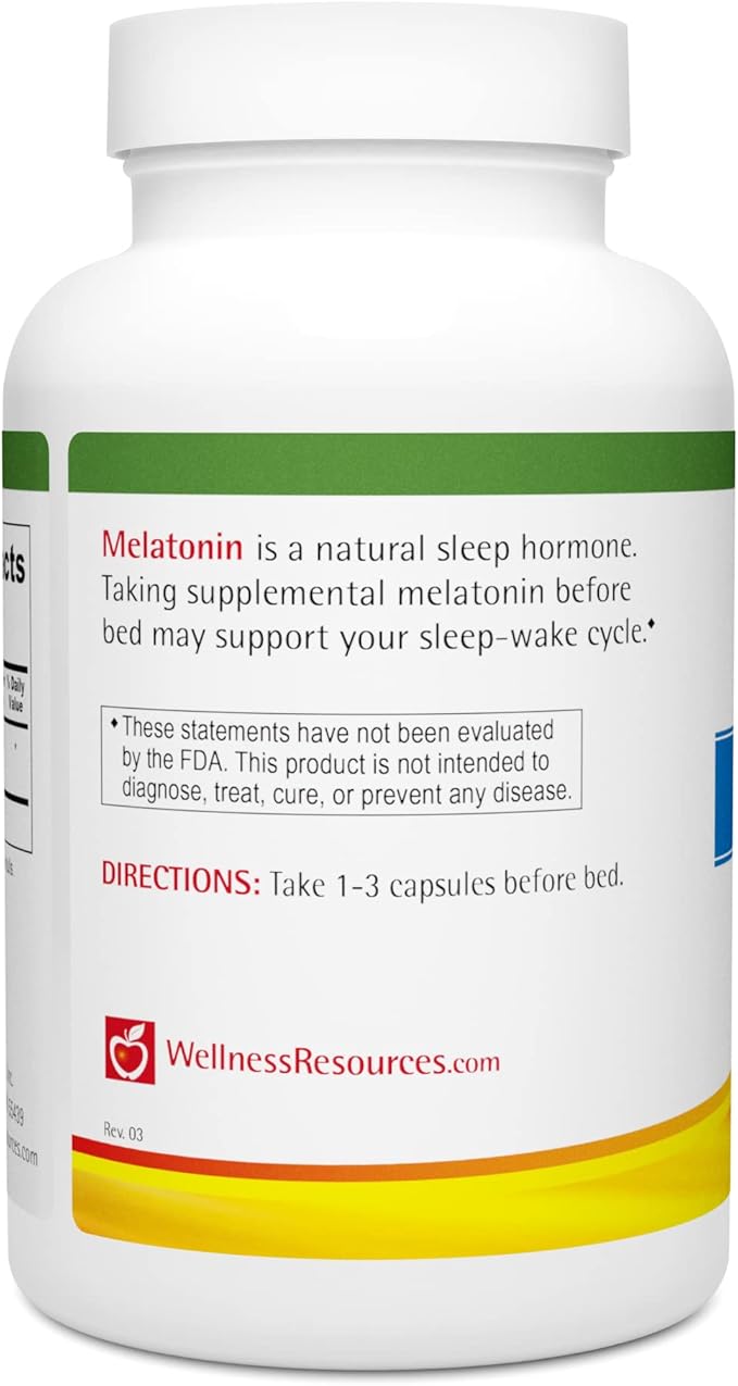 Wellness Resources 0.5mg Melatonin Capsules - Natural Sleep Support Supplement - Gluten Free Sleep Aid, Preservative Free, Third-Party Tested, No Added Sugars Dye Free, 180 Capsules