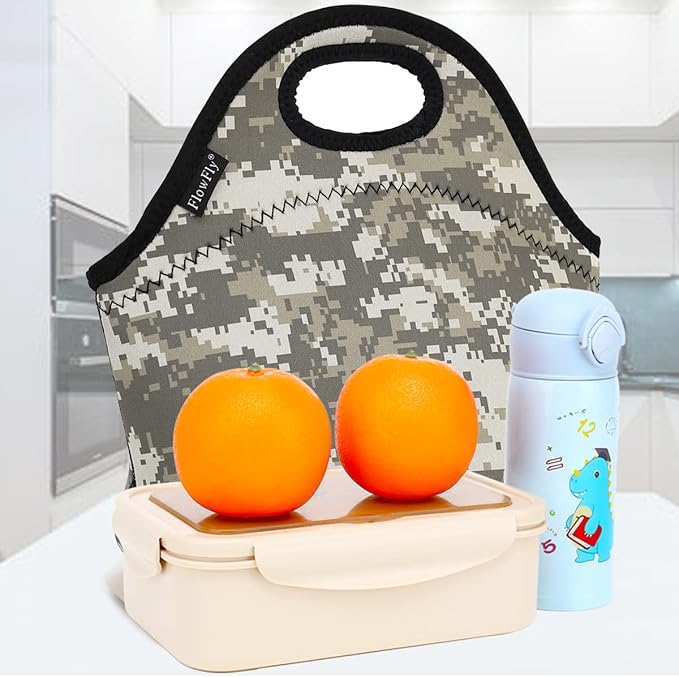 FlowFly Neoprene Lunch Tote Insulated Thermal Reusable Lunch Bag Box for Boys Men with Zipper (Digital Camo)