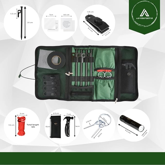 Adventfortis USA: 25 Piece Ultimate Summer Camping Essentials kit, Fully Equiped Tent Repair kit, Heavy Duty Tent Stakes, Multifunction Camping Hammer, Repair Patches.