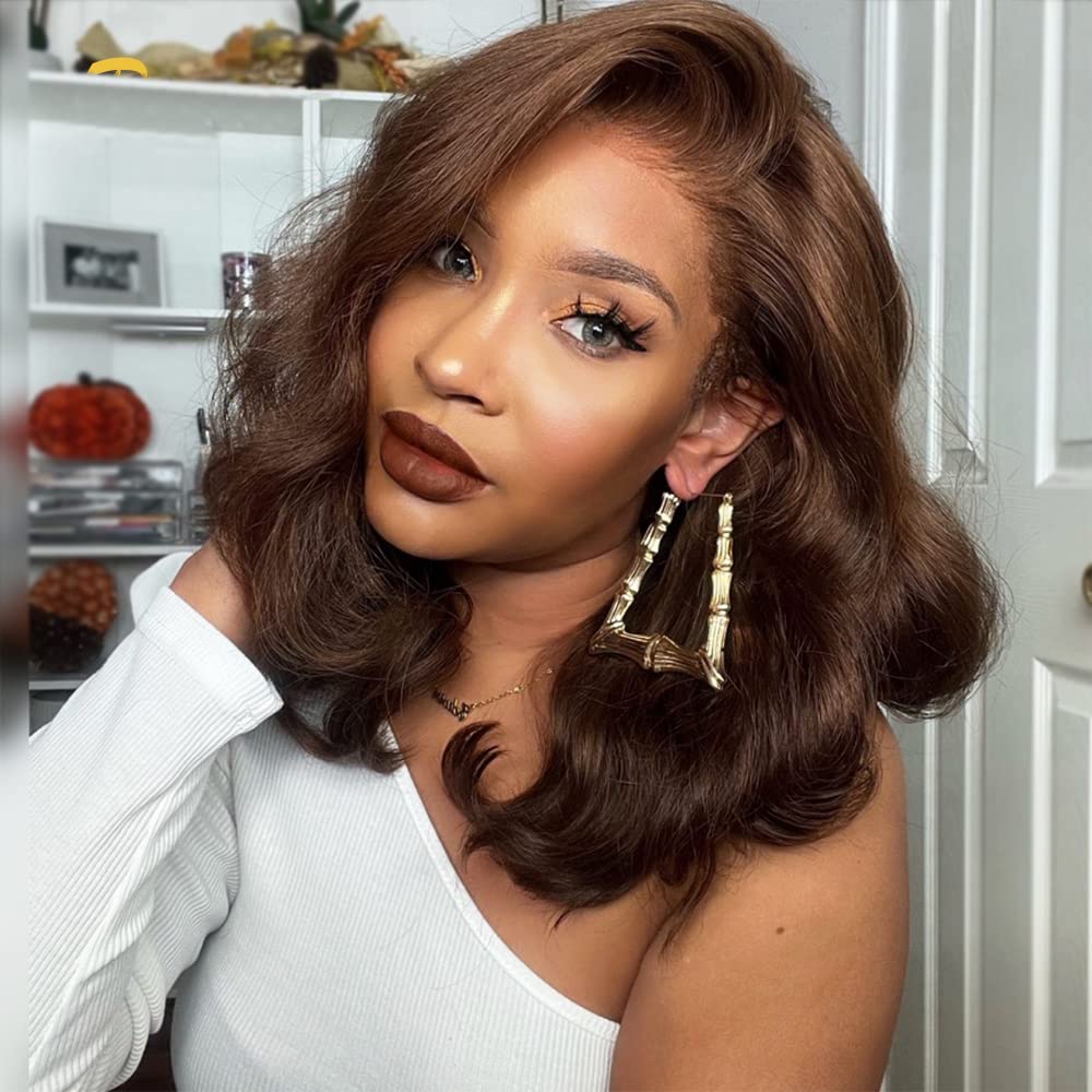 ANDRIA 13X4 HD Lace Front Wigs Pre-Plucked Hairline 16 Inches Body Wave Chocolate Glueless Lace Frontal Wigs with Baby Hair Short Bob Wig 200% Density Loose Wave Short Curly Lace Closure Wig