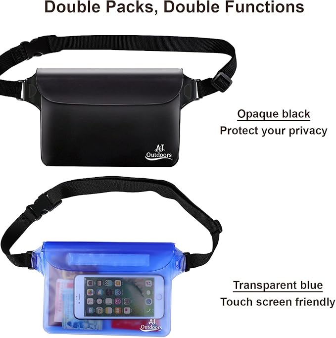ANJ Outdoors 2PK Most Durable Waterproof Pouch/Waterproof Fanny Packs for Women and Men | 3-Zipper Beach Bags Sandproof | Phone Case With Waist Strap for Swimming